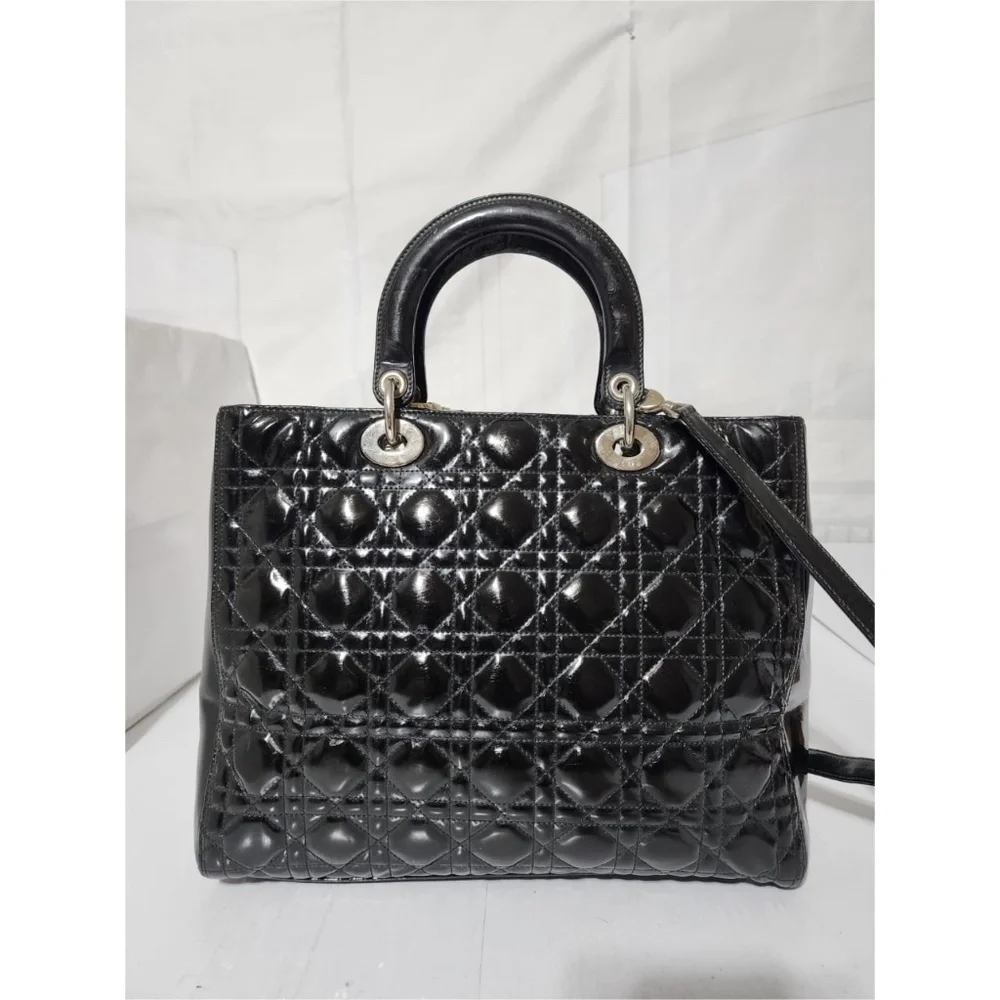 Authentic CHRISTIAN DIOR Patent Cannage Large Lady Dior Satchel Bag Black